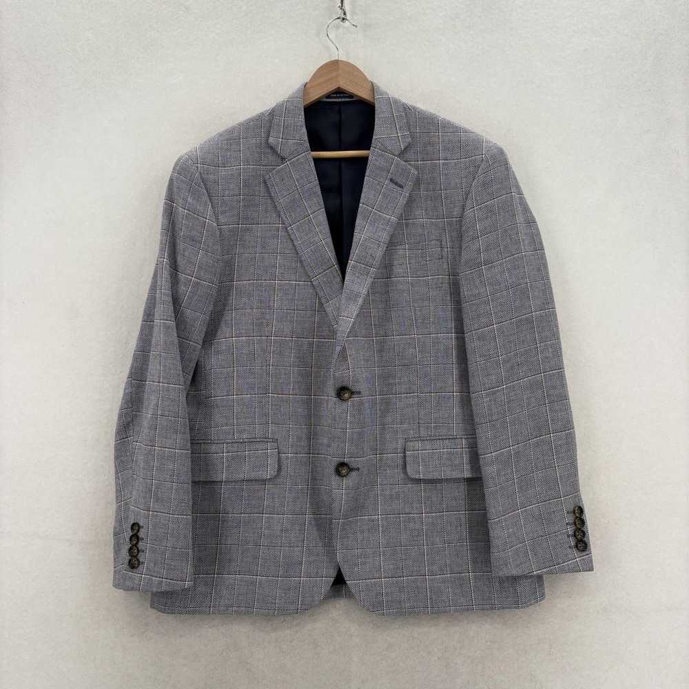 Stafford Blazer Mens 40 Short Gray Plaid Linen Cotton Sport Coat Classic Fit